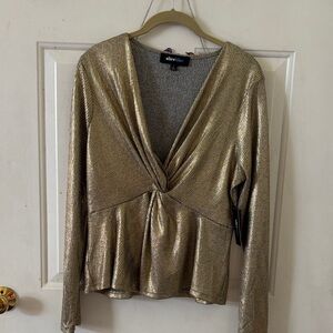 alice + olivia Gold Metallic Twist-Peplum Long Sleeve Top